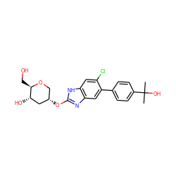 CC(C)(O)c1ccc(-c2cc3nc(O[C@H]4CO[C@H](CO)[C@@H](O)C4)[nH]c3cc2Cl)cc1 ZINC001772637813