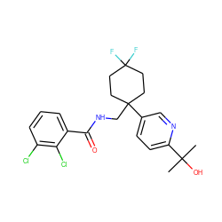 CC(C)(O)c1ccc(C2(CNC(=O)c3cccc(Cl)c3Cl)CCC(F)(F)CC2)cn1 ZINC000217367615