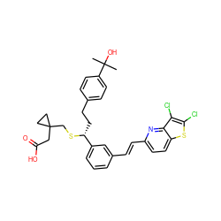 CC(C)(O)c1ccc(CC[C@@H](SCC2(CC(=O)O)CC2)c2cccc(/C=C/c3ccc4sc(Cl)c(Cl)c4n3)c2)cc1 ZINC000003938227