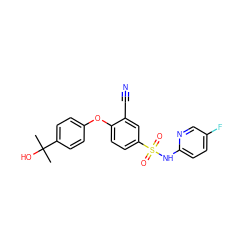 CC(C)(O)c1ccc(Oc2ccc(S(=O)(=O)Nc3ccc(F)cn3)cc2C#N)cc1 ZINC000473228808