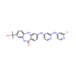 CC(C)(O)c1ccc2c(c1)NC(=O)c1ccc(Nc3ccnc(Nc4ccnc(Cl)c4)c3)cc1N2 ZINC000043016813