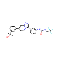 CC(C)(O)c1cccc(-c2ccn3c(-c4cccc(NC(=O)NCC(F)(F)F)c4)cnc3c2)c1 ZINC000139680600