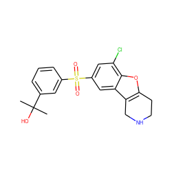 CC(C)(O)c1cccc(S(=O)(=O)c2cc(Cl)c3oc4c(c3c2)CNCC4)c1 ZINC000147471598