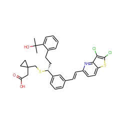 CC(C)(O)c1ccccc1CC[C@@H](SCC1(CC(=O)O)CC1)c1cccc(/C=C/c2ccc3sc(Cl)c(Cl)c3n2)c1 ZINC000003916940