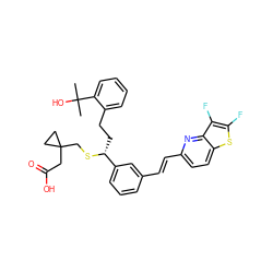 CC(C)(O)c1ccccc1CC[C@@H](SCC1(CC(=O)O)CC1)c1cccc(/C=C/c2ccc3sc(F)c(F)c3n2)c1 ZINC000003916945