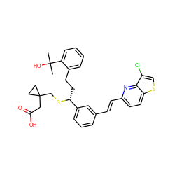 CC(C)(O)c1ccccc1CC[C@@H](SCC1(CC(=O)O)CC1)c1cccc(/C=C/c2ccc3scc(Cl)c3n2)c1 ZINC000003916936