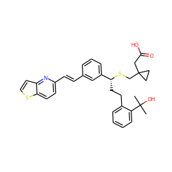 CC(C)(O)c1ccccc1CC[C@@H](SCC1(CC(=O)O)CC1)c1cccc(/C=C/c2ccc3sccc3n2)c1 ZINC000003916937