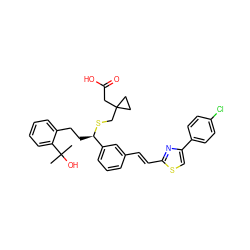 CC(C)(O)c1ccccc1CC[C@@H](SCC1(CC(=O)O)CC1)c1cccc(/C=C/c2nc(-c3ccc(Cl)cc3)cs2)c1 ZINC000029389419