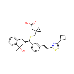 CC(C)(O)c1ccccc1CC[C@@H](SCC1(CC(=O)O)CC1)c1cccc(/C=C/c2nc(C3CCC3)cs2)c1 ZINC000029342261