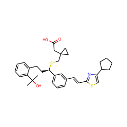 CC(C)(O)c1ccccc1CC[C@@H](SCC1(CC(=O)O)CC1)c1cccc(/C=C/c2nc(C3CCCC3)cs2)c1 ZINC000029396178