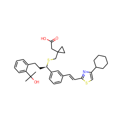 CC(C)(O)c1ccccc1CC[C@@H](SCC1(CC(=O)O)CC1)c1cccc(/C=C/c2nc(C3CCCCC3)cs2)c1 ZINC000029388524