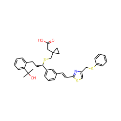 CC(C)(O)c1ccccc1CC[C@@H](SCC1(CC(=O)O)CC1)c1cccc(/C=C/c2nc(CSc3ccccc3)cs2)c1 ZINC000029342929