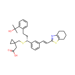 CC(C)(O)c1ccccc1CC[C@@H](SCC1(CC(=O)O)CC1)c1cccc(/C=C/c2nc3c(s2)CCCC3)c1 ZINC000029342524