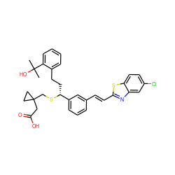 CC(C)(O)c1ccccc1CC[C@@H](SCC1(CC(=O)O)CC1)c1cccc(/C=C/c2nc3cc(Cl)ccc3s2)c1 ZINC000029336974