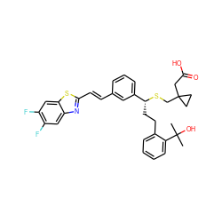 CC(C)(O)c1ccccc1CC[C@@H](SCC1(CC(=O)O)CC1)c1cccc(/C=C/c2nc3cc(F)c(F)cc3s2)c1 ZINC000029392720