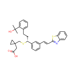 CC(C)(O)c1ccccc1CC[C@@H](SCC1(CC(=O)O)CC1)c1cccc(/C=C/c2nc3ccccc3s2)c1 ZINC000029342883