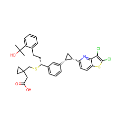 CC(C)(O)c1ccccc1CC[C@@H](SCC1(CC(=O)O)CC1)c1cccc([C@@H]2C[C@@H]2c2ccc3sc(Cl)c(Cl)c3n2)c1 ZINC000026573711