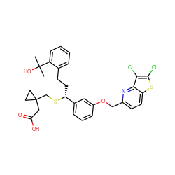 CC(C)(O)c1ccccc1CC[C@@H](SCC1(CC(=O)O)CC1)c1cccc(OCc2ccc3sc(Cl)c(Cl)c3n2)c1 ZINC000026573723