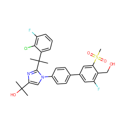 CC(C)(O)c1cn(-c2ccc(-c3cc(F)c(CO)c(S(C)(=O)=O)c3)cc2)c(C(C)(C)c2cccc(F)c2Cl)n1 ZINC000114577681