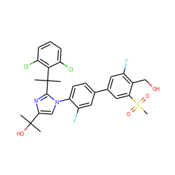 CC(C)(O)c1cn(-c2ccc(-c3cc(F)c(CO)c(S(C)(=O)=O)c3)cc2F)c(C(C)(C)c2c(Cl)cccc2Cl)n1 ZINC000114579260