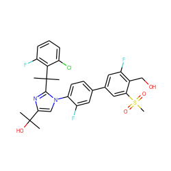 CC(C)(O)c1cn(-c2ccc(-c3cc(F)c(CO)c(S(C)(=O)=O)c3)cc2F)c(C(C)(C)c2c(F)cccc2Cl)n1 ZINC000114580758