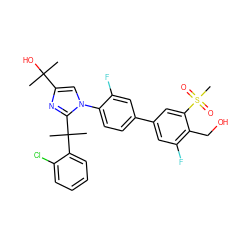 CC(C)(O)c1cn(-c2ccc(-c3cc(F)c(CO)c(S(C)(=O)=O)c3)cc2F)c(C(C)(C)c2ccccc2Cl)n1 ZINC000114578251