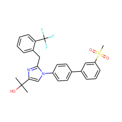 CC(C)(O)c1cn(-c2ccc(-c3cccc(S(C)(=O)=O)c3)cc2)c(Cc2ccccc2C(F)(F)F)n1 ZINC000148076450