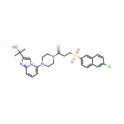 CC(C)(O)c1cn2c(N3CCN(C(=O)CCS(=O)(=O)c4ccc5cc(Cl)ccc5c4)CC3)cccc2n1 ZINC000029056531