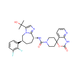 CC(C)(O)c1cnc2n1C[C@H](c1cccc(F)c1F)CC[C@H]2NC(=O)N1CCC2(CC1)OC(=O)Nc1ncccc12 ZINC000071405077