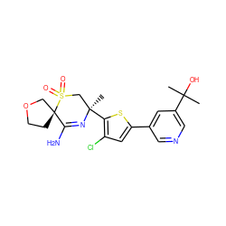 CC(C)(O)c1cncc(-c2cc(Cl)c([C@]3(C)CS(=O)(=O)[C@]4(CCOC4)C(N)=N3)s2)c1 ZINC000207741120