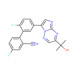 CC(C)(O)c1cnn2c(-c3ccc(F)c(-c4ccc(F)cc4C#N)c3)cnc2n1 ZINC000013681612