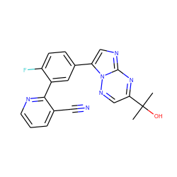 CC(C)(O)c1cnn2c(-c3ccc(F)c(-c4ncccc4C#N)c3)cnc2n1 ZINC000000594838