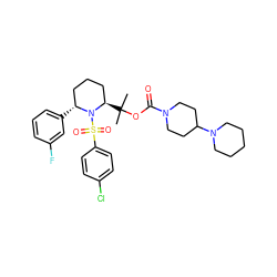 CC(C)(OC(=O)N1CCC(N2CCCCC2)CC1)[C@@H]1CCC[C@@H](c2cccc(F)c2)N1S(=O)(=O)c1ccc(Cl)cc1 ZINC000028880585