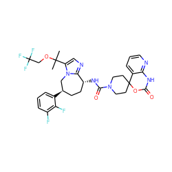 CC(C)(OCC(F)(F)F)c1cnc2n1C[C@H](c1cccc(F)c1F)CC[C@H]2NC(=O)N1CCC2(CC1)OC(=O)Nc1ncccc12 ZINC000072131654