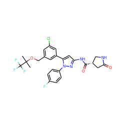 CC(C)(OCc1cc(Cl)cc(-c2cc(NC(=O)[C@@H]3CNC(=O)C3)nn2-c2ccc(F)cc2)c1)C(F)(F)F ZINC000169707462