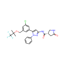 CC(C)(OCc1cc(Cl)cc(-c2cc(NC(=O)[C@@H]3CNC(=O)C3)nn2-c2ccccc2)c1)C(F)(F)F ZINC000169707172