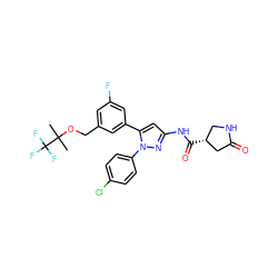 CC(C)(OCc1cc(F)cc(-c2cc(NC(=O)[C@@H]3CNC(=O)C3)nn2-c2ccc(Cl)cc2)c1)C(F)(F)F ZINC000169707461