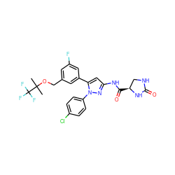 CC(C)(OCc1cc(F)cc(-c2cc(NC(=O)[C@H]3CNC(=O)N3)nn2-c2ccc(Cl)cc2)c1)C(F)(F)F ZINC000169707480