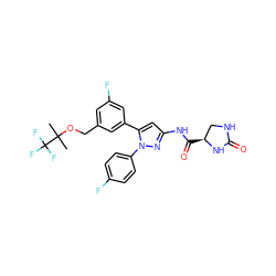 CC(C)(OCc1cc(F)cc(-c2cc(NC(=O)[C@H]3CNC(=O)N3)nn2-c2ccc(F)cc2)c1)C(F)(F)F ZINC000169707479