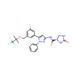 CC(C)(OCc1cc(F)cc(-c2cc(NC(=O)[C@H]3CNC(=O)N3)nn2-c2ccccc2)c1)C(F)(F)F ZINC000169707478