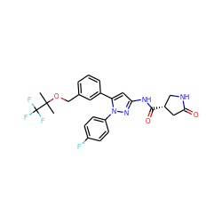 CC(C)(OCc1cccc(-c2cc(NC(=O)[C@@H]3CNC(=O)C3)nn2-c2ccc(F)cc2)c1)C(F)(F)F ZINC000169707455