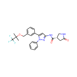 CC(C)(OCc1cccc(-c2cc(NC(=O)[C@@H]3CNC(=O)C3)nn2-c2ccccc2)c1)C(F)(F)F ZINC000169707274