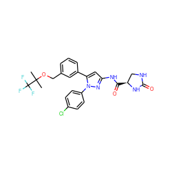 CC(C)(OCc1cccc(-c2cc(NC(=O)[C@H]3CNC(=O)N3)nn2-c2ccc(Cl)cc2)c1)C(F)(F)F ZINC000169707476