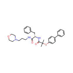 CC(C)(Oc1ccc(-c2ccccc2)cc1)C(=O)N[C@@H](Cc1ccccc1)C(=O)NCCCN1CCOCC1 ZINC000028130963