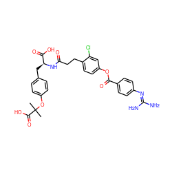 CC(C)(Oc1ccc(C[C@H](NC(=O)CCc2ccc(OC(=O)c3ccc(N=C(N)N)cc3)cc2Cl)C(=O)O)cc1)C(=O)O ZINC000206945578