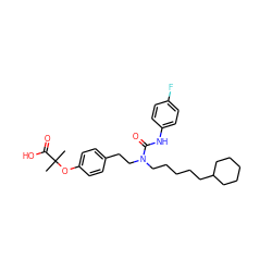 CC(C)(Oc1ccc(CCN(CCCCCC2CCCCC2)C(=O)Nc2ccc(F)cc2)cc1)C(=O)O ZINC000012358142