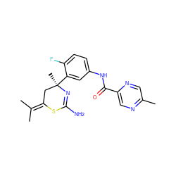 CC(C)=C1C[C@@](C)(c2cc(NC(=O)c3cnc(C)cn3)ccc2F)N=C(N)S1 ZINC000139581689