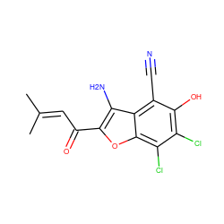 CC(C)=CC(=O)c1oc2c(Cl)c(Cl)c(O)c(C#N)c2c1N ZINC000071318061