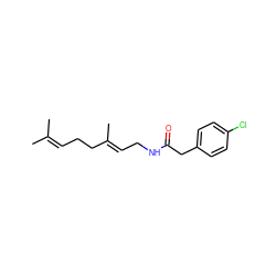 CC(C)=CCC/C(C)=C/CNC(=O)Cc1ccc(Cl)cc1 ZINC000299840143