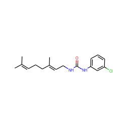 CC(C)=CCC/C(C)=C/CNC(=O)Nc1cccc(Cl)c1 ZINC000299835045